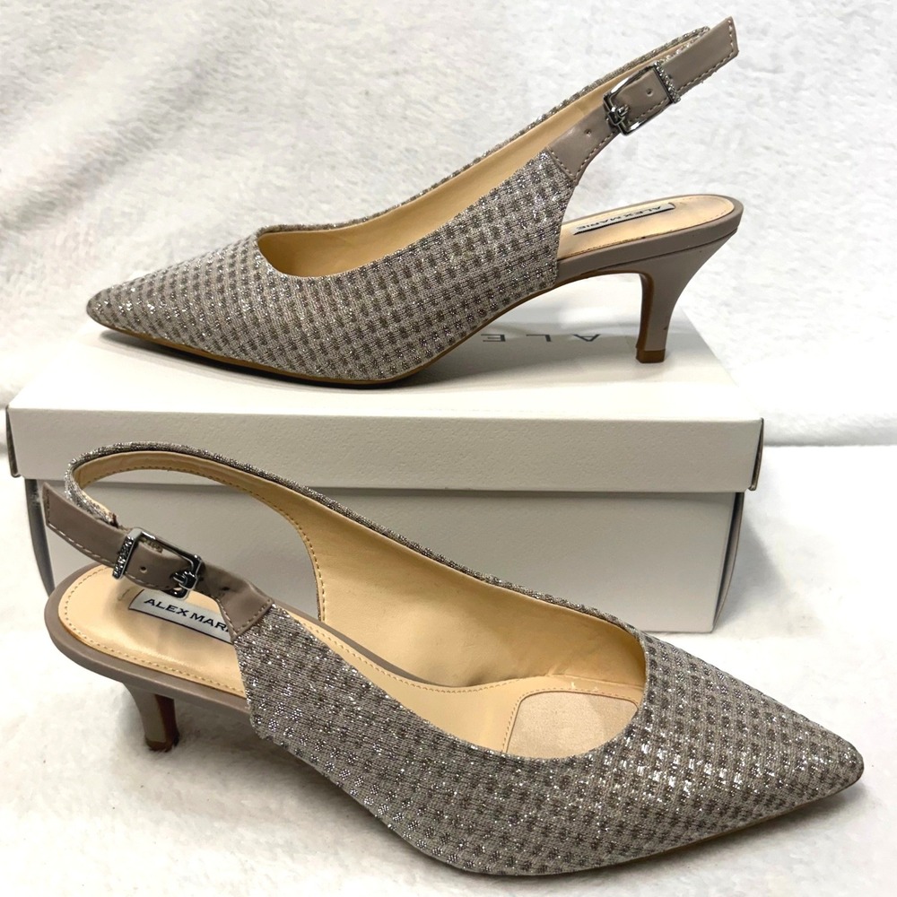 Alex Marie 7M Olivee Slingback Kitten Heels Taupe Shimmer Pointed Toe Pump